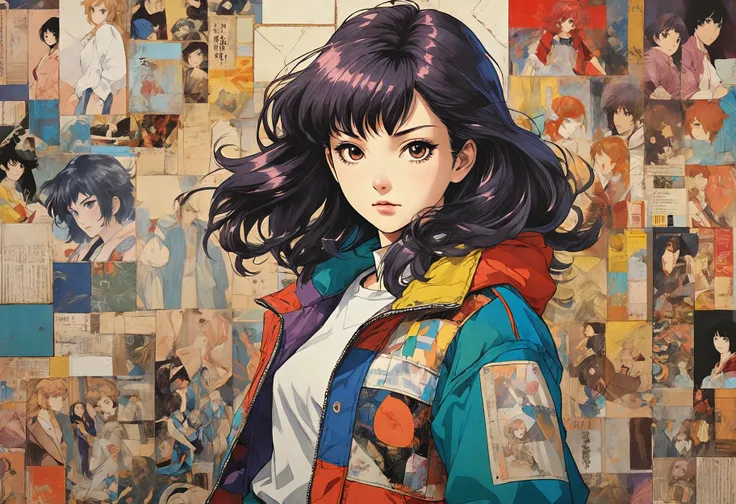 breathtaking anime artwork woman wearing a patchwork jacket, vintage 1980's anime, mixed media collage, Yasutomo Oka, A woman in a patchwork jacket is depicted in a vintage 1980's anime style art piece. The jacket is intricately designed with various materials and colors, showcasing a multimedia collage technique. The artist Yasutomo Oka has created an assistant figure, which adds depth to the overall composition. The attention to detail and use of mixed media techniques make this artwork stand out. The colors used in the artwork are vibrant and bold, drawing the viewer into the world of vintage anime. The background is simple yet effective, allowing the main subject - the woman in the jacket - to take . anime style, key visual, vibrant, studio anime, highly detailed . award-winning, professional, highly detailed