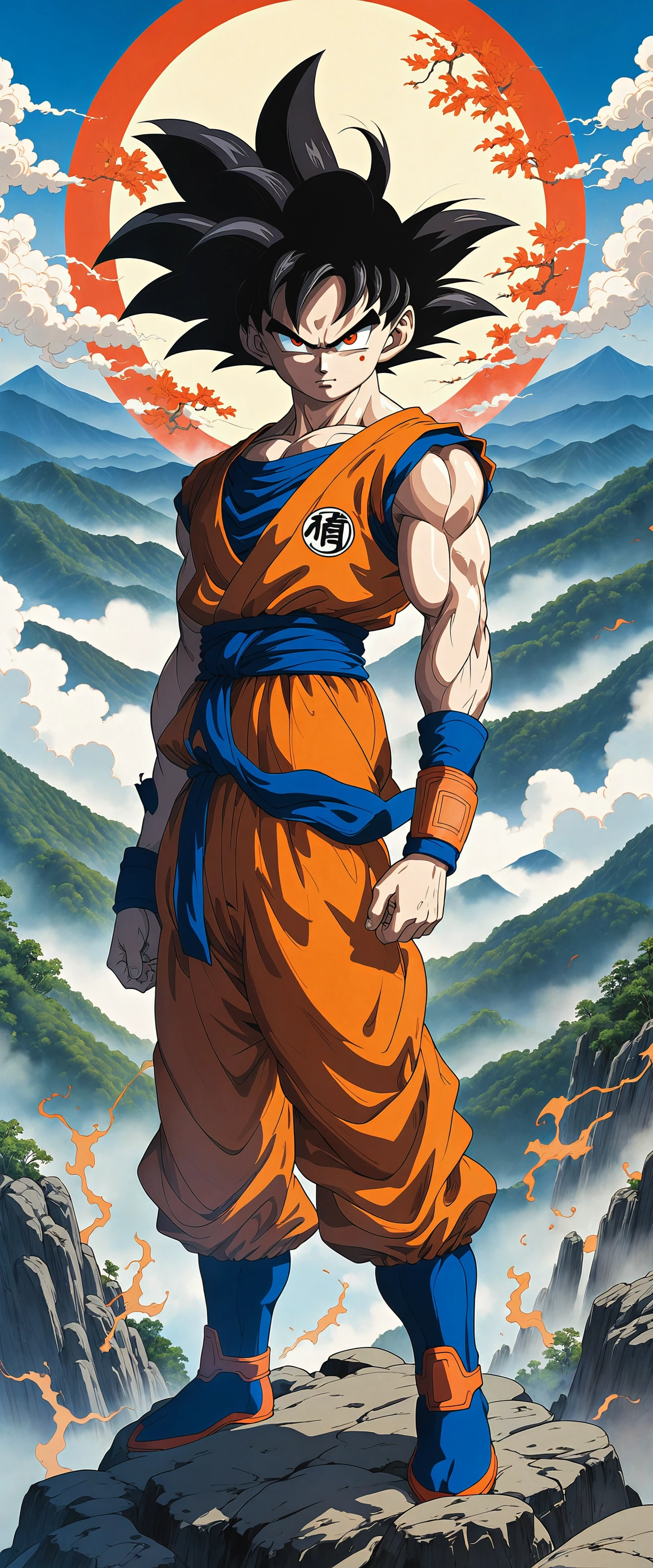 breathtaking anime artwork anime key visual, strong Goku, very Serious, Face Mask, background is The Great Smoky Mountains, Dark, F/8, Kodak portra, masterpiece, designed by Takeshi Koike, An anime key visual showcasing Goku in a powerful stance against a backdrop of the majestic Great Smoky Mountains. His serious expression is accentuated by his face mask, creating an intense atmosphere captured at f/8 using a Kodak Portra film stock. This masterpiece was designed by renowned artist Takeshi Koike. . anime style, key visual, vibrant, studio anime, highly detailed . award-winning, professional, highly detailed