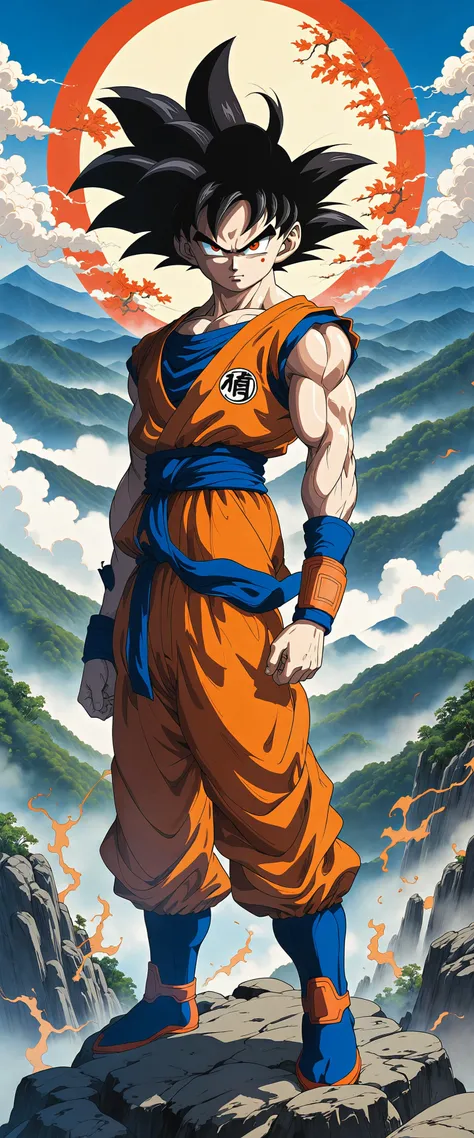 breathtaking anime artwork anime key visual, strong Goku, very Serious, Face Mask, background is The Great Smoky Mountains, Dark, F/8, Kodak portra, masterpiece, designed by Takeshi Koike, An anime key visual showcasing Goku in a powerful stance against a backdrop of the majestic Great Smoky Mountains. His serious expression is accentuated by his face mask, creating an intense atmosphere captured at f/8 using a Kodak Portra film stock. This masterpiece was designed by renowned artist Takeshi Koike. . anime style, key visual, vibrant, studio anime, highly detailed . award-winning, professional, highly detailed