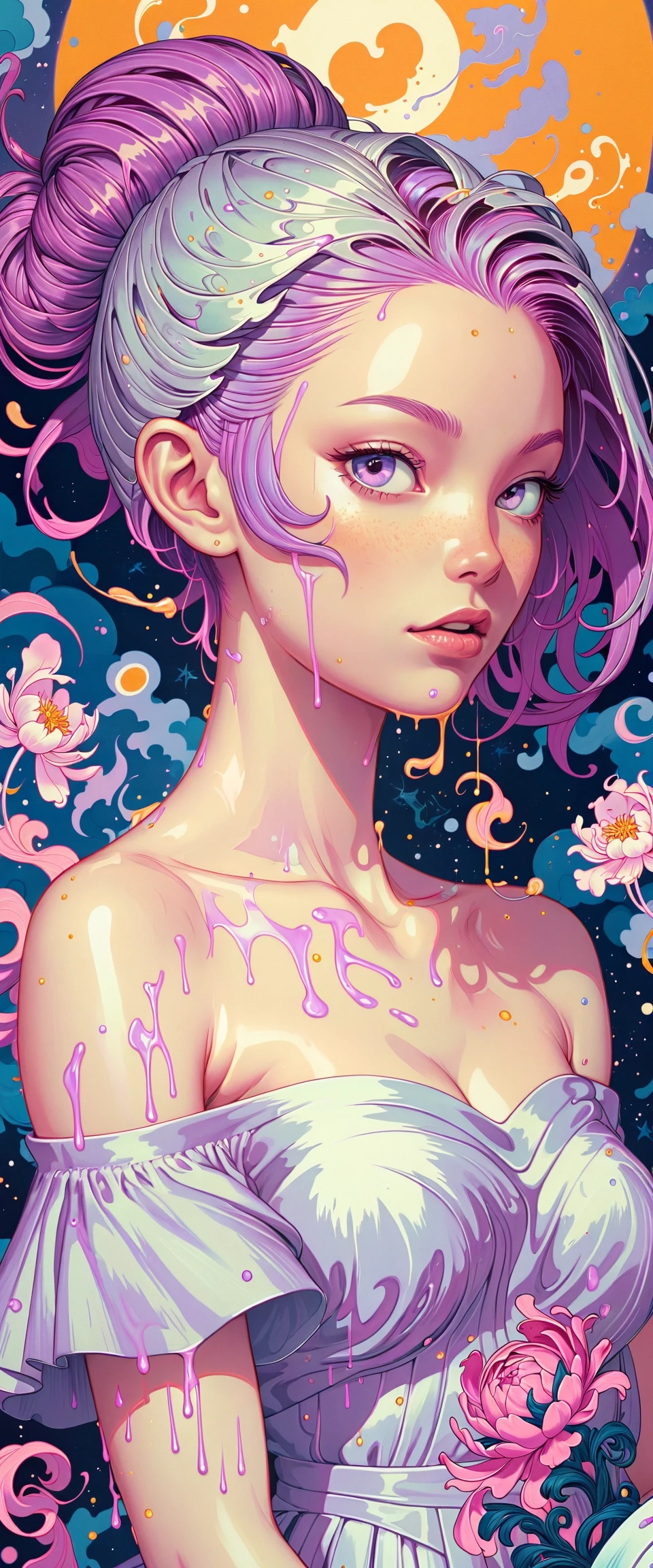 anime artwork surrealist art Relaxed, Gray color grading, bold lettering, deep blue lighting, Shameless, Warm Colors, Floral motives, Shameful, Desaturated, intricate details, Academism, Peaceful, Muted Colors, icon style, Sad, psychedelic colors, surreal design, Cozy, Instax, epic fantasy, Energetic, Pastel Colors, key visual, Gritty Dull fat Burundian (jamesjean, illustration, painting:1.3) , she is cosplaying as Selene, she is Pottery, in a very Cloudy Epochal electric pink Formal attire from the Future, is off-the-shoulder, her hair is Mexican and styled as Man bun, Manic, Cold Colors, deep purple and Amber flakes, Zen, Dark hue, Dota style, Happy, DayGlo purple hue, White outlines, Terrorwave, Confused, Hypersaturated, glimmering transformation, Hopeful, two colors, Rule of Thirds, Pointillism, Horror, Cathode tube, Spirals, Grim, Dichromatic, Impressionism, Cosy, Monochromatic DayGlo yellow filter, moody, Suffering, Offset print, electric orange mist, Frightening, Fujifilm Superia, dripping dark pink, Warm lighting, A captivating portrait of a woman immersed in a world of fantasy and artistry. The artist skillfully employs a harmonious blend of vibrant and cool colors to create a striking contrast between light and shadow. The central figure is adorned in an off-the-shoulder dress that stands out against the backdrop of the deep blue sky. Her hair is styled in a unique Man bun fashion that adds an element of intrigue to her character. The overall composition exudes a sense of tranquility and mystery. This piece is truly a masterpiece of modern art. . dreamlike, mysterious, provocative, symbolic, intricate, detailed . anime style, key visual, vibrant, studio anime, highly detailed