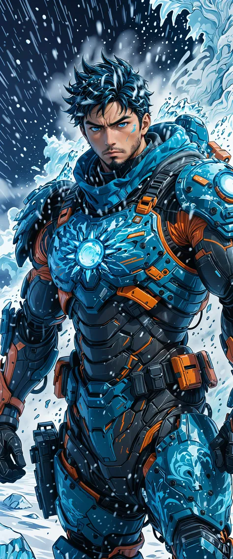 anime artwork manga style anime artwork in the style of Kentaro Miura, (hand drawn, anime:1.2) intricately detailed linework, vibrant colors, a man in tactical armor in the arctic, blizzard storm, ice, anime line art, cell shading . vibrant, high-energy, detailed, iconic, Japanese comic style . anime style, key visual, vibrant, studio anime, highly detailed