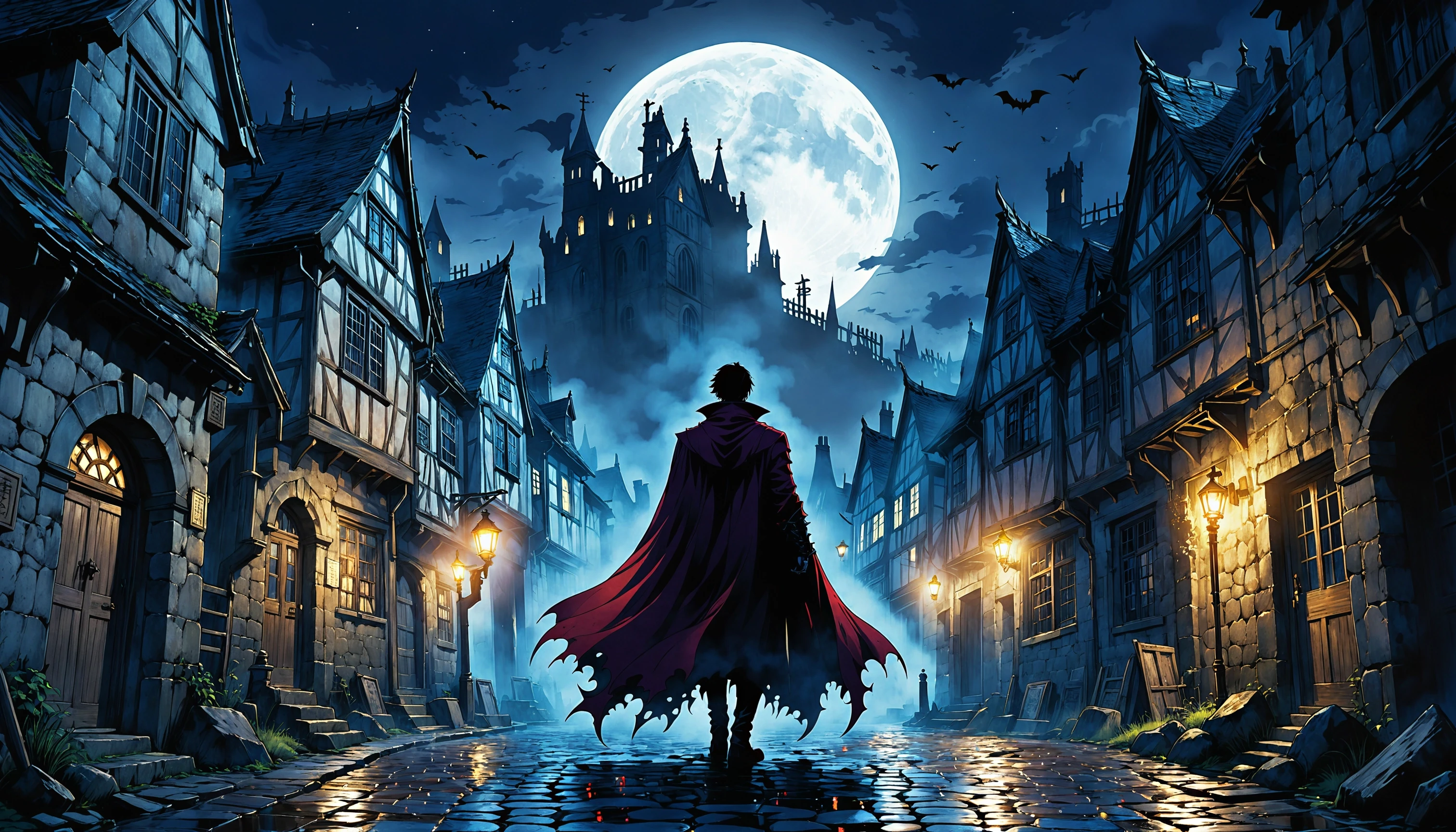 anime artwork manga style a demonic vampire, old england town, dark at night, A gothic figure lurks in the shadows of an ancient, cobblestone village, his cloak billowing behind him as he stalks through the dimly lit streets. The moon casts eerie shadows upon the crumbling buildings, hinting at the village's long-forgotten history. Despite its desolation, there is a certain majesty to this place, a testament to the passage of time and the resilience of nature. The vampire's presence adds a touch of mystery and intrigue, inviting questions about his origin and purpose in this forsaken land. The overall atmosphere . vibrant, high-energy, detailed, iconic, Japanese comic style . anime style, key visual, vibrant, studio anime, highly detailed