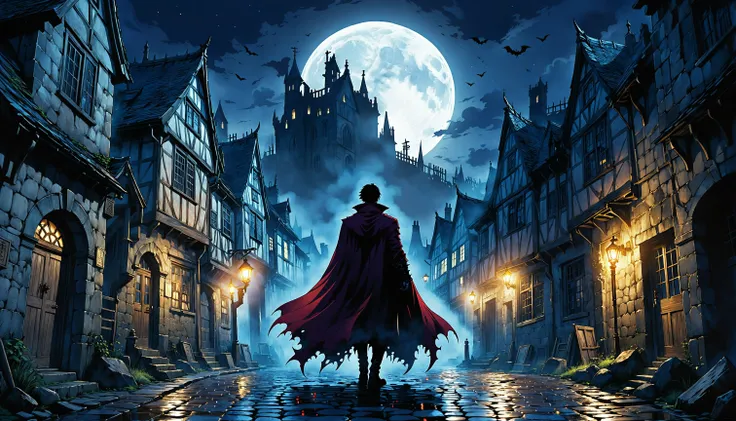 anime artwork manga style a demonic vampire, old england town, dark at night, A gothic figure lurks in the shadows of an ancient, cobblestone village, his cloak billowing behind him as he stalks through the dimly lit streets. The moon casts eerie shadows upon the crumbling buildings, hinting at the village's long-forgotten history. Despite its desolation, there is a certain majesty to this place, a testament to the passage of time and the resilience of nature. The vampire's presence adds a touch of mystery and intrigue, inviting questions about his origin and purpose in this forsaken land. The overall atmosphere . vibrant, high-energy, detailed, iconic, Japanese comic style . anime style, key visual, vibrant, studio anime, highly detailed