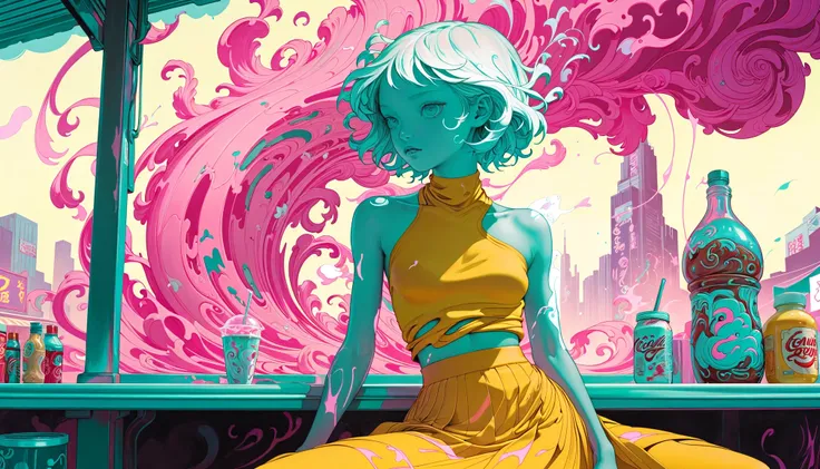 anime artwork surrealist art Confused, BW, epic fantasy, Light and Bright, Kodak Ektar, Swirling, Gel lighting, Guilty, two colors, Liminal dream, Anime, Happy, Monochromatic Cyan filter, dynamic composition, Suffering, electric pink hue, ethereal magical atmosphere, Baggy Groovy chubby Algerian (jamesjean, illustration, painting:1.3) , he is in a Blade runner setting, he is Sitting in a food stand, dressed in a very Wretched Intuitive Mustard Halter top and maxi skirt from the 2000's, he has Sideswept bangs hair, Zen, CineColor, raytraced reflections, Regret, Mono Color, concept art, A young man sits atop a bustling food stand in a futuristic cityscape. His attire is reminiscent of the 2000's with his wretched intuitive mustard halter top and maxi skirt. The monochromatic cyan filter casts an ethereal magical atmosphere over him and the surroundings. He holds onto his sides in distress while looking upwards towards the sky. Raytraced reflections shimmer off of his skin and clothing. Despite his sadness, there is a hint of happiness in his eyes. A blend of electric pink hues and swirling . dreamlike, mysterious, provocative, symbolic, intricate, detailed . anime style, key visual, vibrant, studio anime, highly detailed