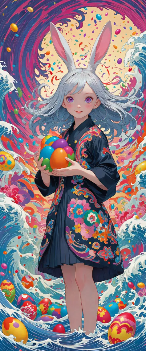 breathtaking anime artwork art by David A. Hardy, anime key visual, behance, wide shot of an eastern, bunny, eggs, holiday, happy, she has a Graceful dark rainbow Pocket Square, hyper detailed, Rollerwave, pixiv, intricate, A beautifully crafted key visual for an anime film. The artist is David A. Hardy, showcasing his work on Behance. The scene captures a wide shot of an eastern bunny in a festive mood during the Easter holiday. She is holding a colorful egg in her hands, which is adorned with a vibrant dark rainbow pocket square. Her expression is one of happiness and joy. In the background, there is a large Roller Wave structure that adds depth to the scene. This image is highly detailed and intricate, making it visually appealing. It can be found on . anime style, key visual, vibrant, studio anime, highly detailed . award-winning, professional, highly detailed