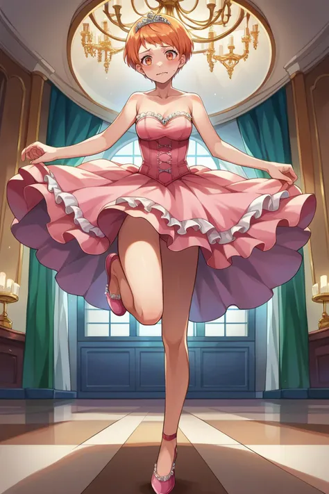 score_9, score_8_up, score_7_up, score_6_up, source_anime BREAK 1girl, solo <lora:leonie-pdxl-nvwls-v1-000005:0.9> defLeonie, short hair, orange hair, orange eyes, pink dress, frills, tutu, lace trim, ballet shoes, looking at you, blush, wavy mouth, crystal tiara, standing on one leg, indoors, ballroom, chandelier, corset, strapless