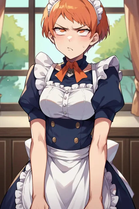 score_9, score_8_up, score_7_up, score_6_up, source_anime BREAK 1girl, solo <lora:leonie-pdxl-nvwls-v1-000005:1> defLeonie, short hair, orange hair, orange eyes, maid headdress, maid dress, apron, pout, annoyed, rolling eyes, indoors, bedroom