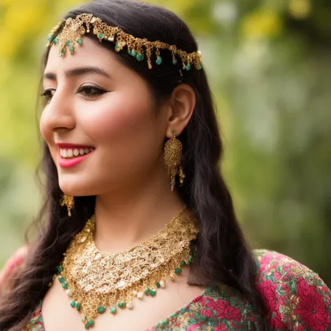 full body shot center of view a smiling young female 25 years with jewelry art and with the FLOWERS IN SPRING, Christian Helfgott Brand, color decorative , ,Hyperrealistic neo - rococo solarpunk aesthetic minimal jewelry necklace, embroidery, leather, highly detailed photography art masterpiece, smooth cam de Leon eric zener dramatic pearlescent soft light, ground angle hd 8 k, sharp focus, full body, colors decorative kurdish-fashion style,American shot