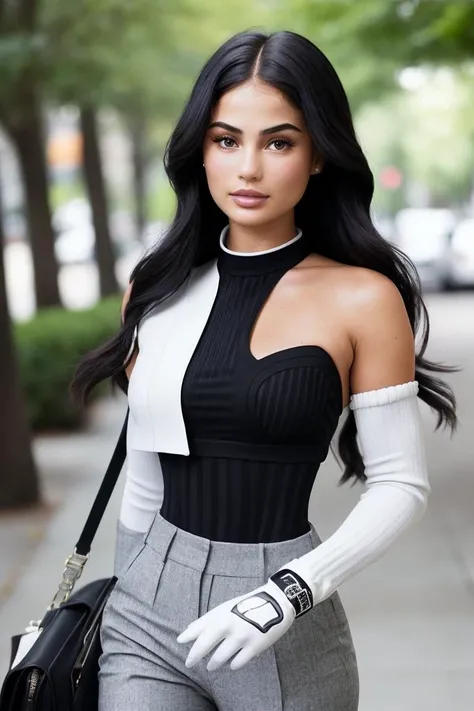 photo of a woman (jr4mey-130.90),beautiful face,gorgeous,youthful, adding intricate charm, capturing the vibrancy of summer (Bright eyes:1.1).(Wearing a stylish preppy college uniform. The uniform features (long trousers) and a mix of textures and materials, combining black and white elements for a classic look. The black bustier creates a flattering silhouette with its contoured design. The outfit leaves the shoulders exposed for a touch of elegance. Completing the ensemble are grey elbow gloves with intricate details, adding sophistication to the attire. Subtle white accents accentuate the outfit, striking a balance between chic and bold. This unique outfit exudes a college-preppy vibe with a modern twist, sure to turn heads in any setting)