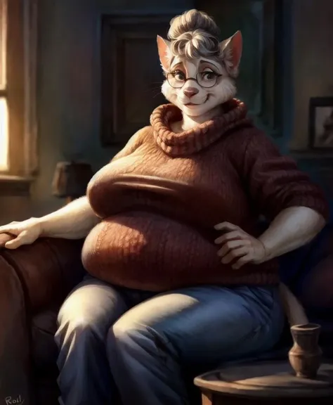 {{4k, solo, 1girl, subsurface scattering}}, {by roly, by Banana Da Boi, by einshelm:0.8, by einshelm}, BREAK <lora:Aunt Polly (2000):0.8>, {aunt polly, cat, beige fur}, <lora:Fat:0.2>, {{huge female, chubby, wide hips, cellulite}}, {{{wrinkles, elderly, older female}}}, BREAK {{{sweater, pants, grey updo hair, glasses}}}, living room, thick arms, flabby arms, barefoot, <lora:add_detail:0.8>, BREAK warm smile,