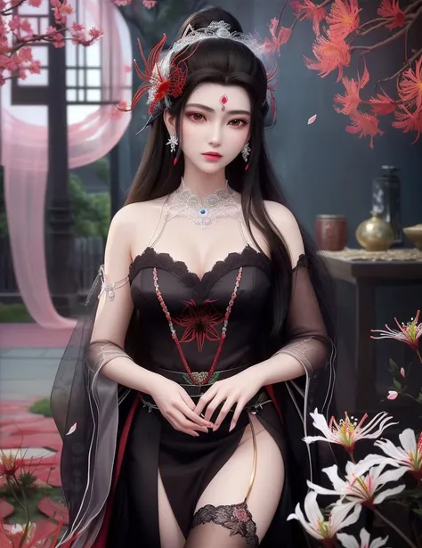 ultra realistic 8k cg, picture-perfect face, flawless, clean, masterpiece, professional artwork, famous artwork, cinematic lighting, cinematic bloom, perfect face, beautiful face, fantasy, dreamlike, unreal, science fiction, beautiful clothes, lace, lace trim, lace-trimmed legwear, (rich:1.4), prestige, luxury, jewelry, diamond, gold, pearl, gem, sapphire, ruby, emerald, intricate detail, delicate pattern, charming, alluring, seductive, erotic, enchanting, hair ornament, necklace, earrings, bracelet, armlet,halo
((,1girl, pov,))(((,spider lily, branch, 1girl, tree, spring_\(season\), solo, petals, black_hair, japanese_clothes,looking at viewer, ))) <lora:DA_GhostLiChangFu:0.6>
