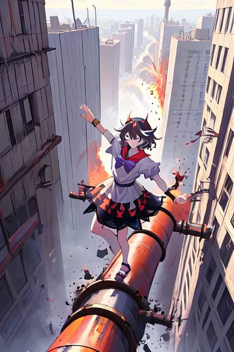 ((((unbalancing and walking on long narrow industrial pipe in high position))),debris,rubble,crack,destruction,balancing on only industrial pipe,spread arms,full body,outdoors,citycape,standing on one leg,trembling, (((explosion, explosive industrial pipe,falling))),smoke,
kijin_seija, solo, 1girl, too_many_lace, lace, skirt, ribbon, multicolored_hair, jewelry, puffy_sleeves, short_sleeves, earrings, puffy_short_sleeves, bowtie, red_hair, streaked_hair, sailor_collar, stud_earrings, cone_horns, arrow_\(symbol\), sandals, short_hair, red_eyes, bow, bracelet, dress, hair_flaps,