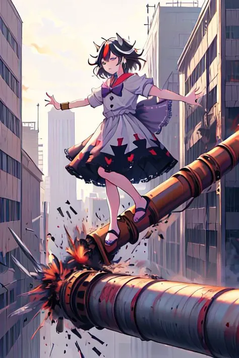 ((((unbalancing and walking on long narrow industrial pipe in high position))),debris,rubble,crack,destruction,balancing on only industrial pipe,spread arms,full body,outdoors,citycape,standing on one leg,trembling, (((explosion, explosive industrial pipe,falling))),smoke,
kijin_seija, solo, 1girl, too_many_lace, lace, skirt, ribbon, multicolored_hair, jewelry, puffy_sleeves, short_sleeves, earrings, puffy_short_sleeves, bowtie, red_hair, streaked_hair, sailor_collar, stud_earrings, cone_horns, arrow_\(symbol\), sandals, short_hair, red_eyes, bow, bracelet, dress, hair_flaps,