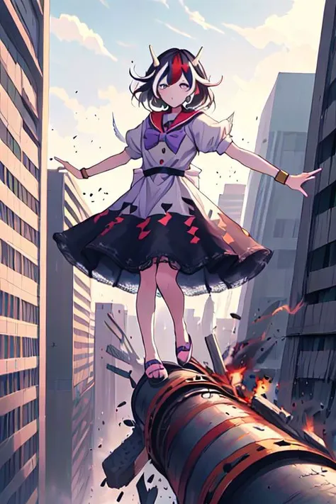 ((((unbalancing and walking on long narrow industrial pipe in high position))),debris,rubble,crack,destruction,balancing on only industrial pipe,spread arms,full body,outdoors,citycape,standing on one leg,trembling, (((explosion, explosive industrial pipe,falling))),smoke,
kijin_seija, solo, 1girl, too_many_lace, lace, skirt, ribbon, multicolored_hair, jewelry, puffy_sleeves, short_sleeves, earrings, puffy_short_sleeves, bowtie, red_hair, streaked_hair, sailor_collar, stud_earrings, cone_horns, arrow_\(symbol\), sandals, short_hair, red_eyes, bow, bracelet, dress, hair_flaps,