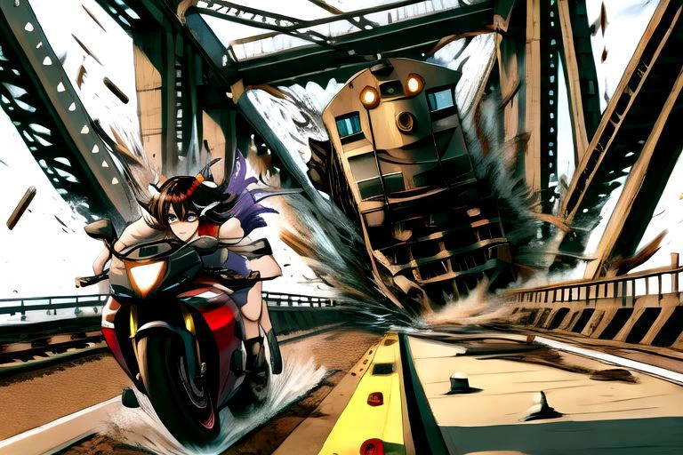 (((masterpiece))), ((best quality)), ((ultra-detailed)), ((too many)):16, high resolution, absurdres, highres, ultra-detailed 8k unity wallpaper,
crazy motorcycle chase, night, fleeingBridge,fleeing on bridge,bridge,breaking,crack,debris,destruction,fleeing,motion lines,motion blur,speed lines,riding,riding on motorcycle,railing,(((railroad tracks, train, tank))),
((kijin_seija, too_many_lace, lace, skirt, ribbon, multicolored_hair, jewelry, puffy_sleeves, short_sleeves, earrings, puffy_short_sleeves, bowtie, red_hair, streaked_hair, sailor_collar, stud_earrings, horns, arrow_\(symbol\), sandals, short_hair, red_eyes, bow, bracelet, dress, hair_flaps, serious, ))