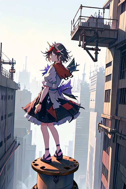 ((((unbalancing and walking on long narrow industrial pipe in high position))),debris,rubble,crack,destruction,balancing on only industrial pipe,spread arms,full body,outdoors,citycape,standing on one leg,trembling, (((explosion, explosive industrial pipe,falling))),smoke,
kijin_seija, solo, 1girl, too_many_lace, lace, skirt, ribbon, multicolored_hair, jewelry, puffy_sleeves, short_sleeves, earrings, puffy_short_sleeves, bowtie, red_hair, streaked_hair, sailor_collar, stud_earrings, cone_horns, arrow_\(symbol\), sandals, short_hair, red_eyes, bow, bracelet, dress, hair_flaps,
((buster_sword, huge_sword, holding_sword, <lora:buster_sword:1>)):6,