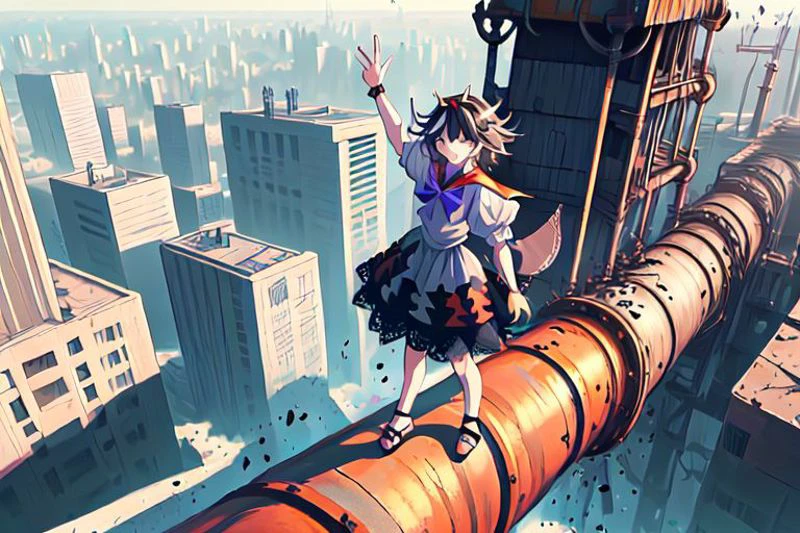 ((((unbalancing and walking on long narrow industrial pipe in high position))),debris,rubble,crack,destruction,balancing on only industrial pipe,spread arms,full body,outdoors,citycape,standing on one leg,trembling, (((explosion, explosive industrial pipe,falling))),smoke,
kijin_seija, solo, 1girl, too_many_lace, lace, skirt, ribbon, multicolored_hair, jewelry, puffy_sleeves, short_sleeves, earrings, puffy_short_sleeves, bowtie, red_hair, streaked_hair, sailor_collar, stud_earrings, cone_horns, arrow_\(symbol\), sandals, short_hair, red_eyes, bow, bracelet, dress, hair_flaps,
((buster_sword, huge_sword, holding_sword, )):6,