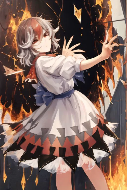 solo, 1girl, solo_focus, (((masterpiece))), ((best quality)), ((ultra-detailed)), ((too_many)):16, high resolution, absurdres, highres, ultra-detailed 8k unity wallpaper,
kijin seija,
dress made in hell, lava, chains, pain and suffering, hellfashion, glass, broken glass, cracked glass, glass_shards, broken_mirror, shattered, shards, crack, reflection,
