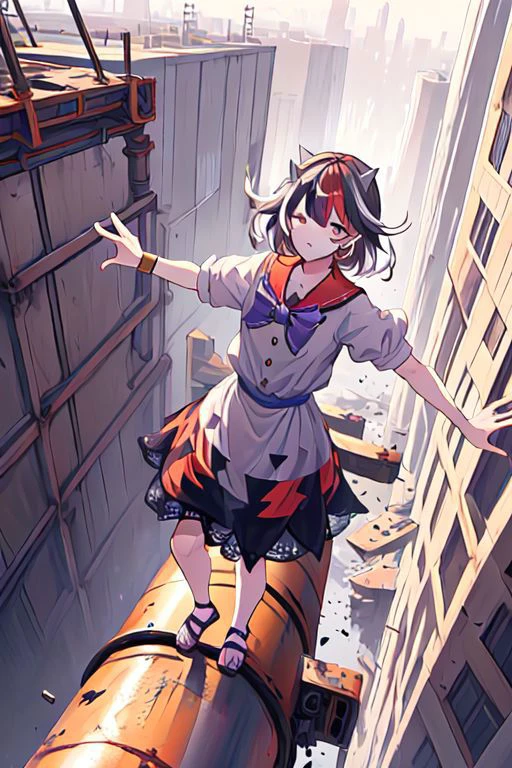 ((((unbalancing and walking on long narrow industrial pipe in high position))),debris,rubble,crack,destruction,balancing on only industrial pipe,spread arms,full body,outdoors,citycape,standing on one leg,trembling, (((explosion, explosive industrial pipe,falling))),smoke,
kijin_seija, solo, 1girl, too_many_lace, lace, skirt, ribbon, multicolored_hair, jewelry, puffy_sleeves, short_sleeves, earrings, puffy_short_sleeves, bowtie, red_hair, streaked_hair, sailor_collar, stud_earrings, cone_horns, arrow_\(symbol\), sandals, short_hair, red_eyes, bow, bracelet, dress, hair_flaps,