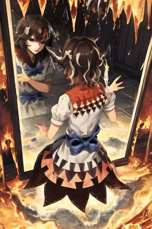 solo, 1girl, solo_focus, (((masterpiece))), ((best quality)), ((ultra-detailed)), ((too_many)):16, high resolution, absurdres, highres, ultra-detailed 8k unity wallpaper,
kijin seija,
dress made in hell, lava, chains, pain and suffering, hellfashion, glass, broken glass, cracked glass, glass_shards, broken_mirror, shattered, shards, crack, reflection,