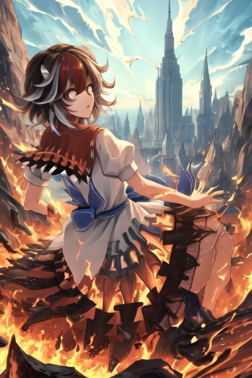 A girl in a dress is standing in front of a fire - SeaArt AI