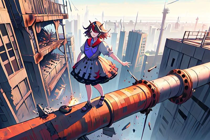 ((((unbalancing and walking on long narrow industrial pipe in high position))),debris,rubble,crack,destruction,balancing on only industrial pipe,spread arms,full body,outdoors,citycape,standing on one leg,trembling, (((explosion, explosive industrial pipe,falling))),smoke,
kijin_seija, solo, 1girl, too_many_lace, lace, skirt, ribbon, multicolored_hair, jewelry, puffy_sleeves, short_sleeves, earrings, puffy_short_sleeves, bowtie, red_hair, streaked_hair, sailor_collar, stud_earrings, cone_horns, arrow_\(symbol\), sandals, short_hair, red_eyes, bow, bracelet, dress, hair_flaps,
((buster_sword, huge_sword, holding_sword, )):6,