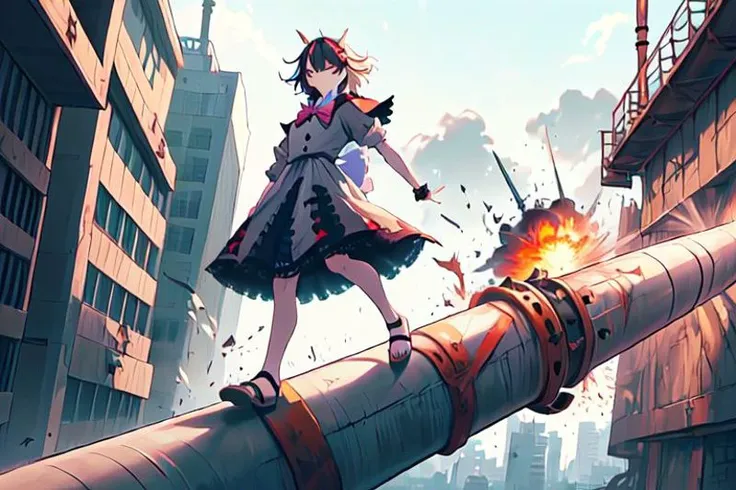 ((((unbalancing and walking on long narrow industrial pipe in high position))),debris,rubble,crack,destruction,balancing on only industrial pipe,spread arms,full body,outdoors,citycape,standing on one leg,trembling, (((explosion, explosive industrial pipe,falling))),smoke,
kijin_seija, solo, 1girl, too_many_lace, lace, skirt, ribbon, multicolored_hair, jewelry, puffy_sleeves, short_sleeves, earrings, puffy_short_sleeves, bowtie, red_hair, streaked_hair, sailor_collar, stud_earrings, cone_horns, arrow_\(symbol\), sandals, short_hair, red_eyes, bow, bracelet, dress, hair_flaps, 
((buster_sword, huge_sword, holding_sword, )):6,