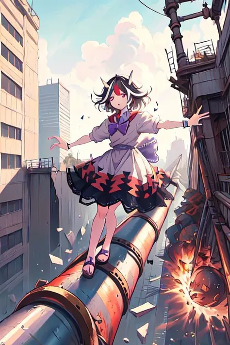 ((((unbalancing and walking on long narrow industrial pipe in high position))),debris,rubble,crack,destruction,balancing on only industrial pipe,spread arms,full body,outdoors,citycape,standing on one leg,trembling, (((explosion, explosive industrial pipe,falling))),smoke,
kijin_seija, solo, 1girl, too_many_lace, lace, skirt, ribbon, multicolored_hair, jewelry, puffy_sleeves, short_sleeves, earrings, puffy_short_sleeves, bowtie, red_hair, streaked_hair, sailor_collar, stud_earrings, cone_horns, arrow_\(symbol\), sandals, short_hair, red_eyes, bow, bracelet, dress, hair_flaps,