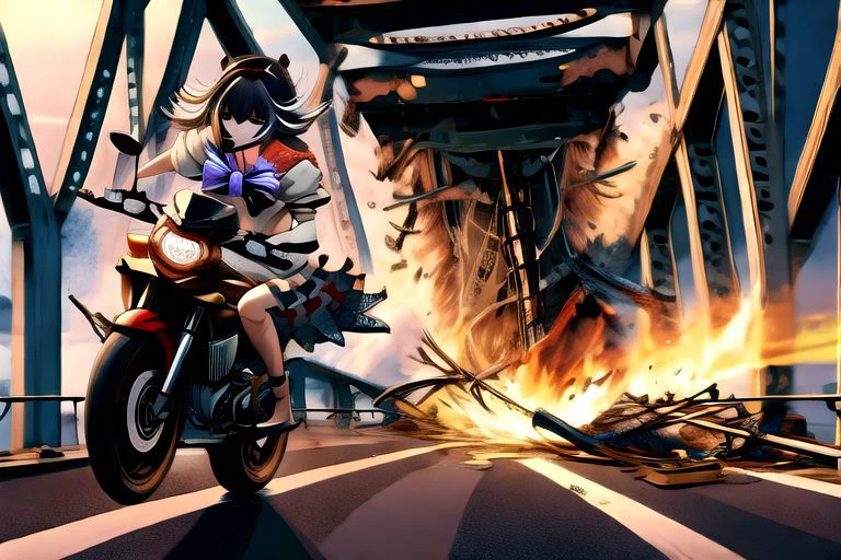 (((masterpiece))), ((best quality)), ((ultra-detailed)), ((too many)):16, high resolution, absurdres, highres, ultra-detailed 8k unity wallpaper,
crazy motorcycle chase, night, fleeingBridge,fleeing on bridge,bridge,breaking,crack,debris,destruction,fleeing,motion lines,motion blur,speed lines,riding,riding on motorcycle,railing,(((railroad tracks, train, tank))),
((kijin_seija, too_many_lace, lace, skirt, ribbon, multicolored_hair, jewelry, puffy_sleeves, short_sleeves, earrings, puffy_short_sleeves, bowtie, red_hair, streaked_hair, sailor_collar, stud_earrings, horns, arrow_\(symbol\), sandals, short_hair, red_eyes, bow, bracelet, dress, hair_flaps, serious, ))