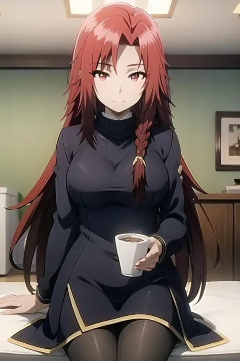 looking at viewer, masterpiece, best quality, IrisMidgarV4, 1girl, solo, long hair, red eyes, braid, red hair, long sweater, pantyhose, sitting, indoors, smile, holding, cup, coffee, couch, <lora:IrisMidgarTheEminenceInShadowLORA_v4:0.851>, indoor lighting