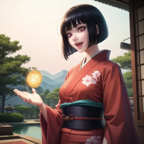 (high resolution:1.23, 32K), (photo realistic:1.4), soft lighting, sharp focus, detail skin, detail background, (((nice hand, perfect hand))), <lora:flat2:-0.46>,
dark fantasy, (standing at an extremely huge Japanese garden:1.1), closed shot,
(a cute Japanese karakuri puppet woman firing from her big open mouth:1.3, a big sparkle in her mouth:1.4, sadistic smile, partially damaged and broken:1.4, showing intrinsic mechanical parts:1.3, pearl white skin color, a dark black color bob cut with bangs, wearing a dark red color based detail design kimono, long nose, glossy light pink lip, long eye lush, glowing big clear red eyes:1.1)