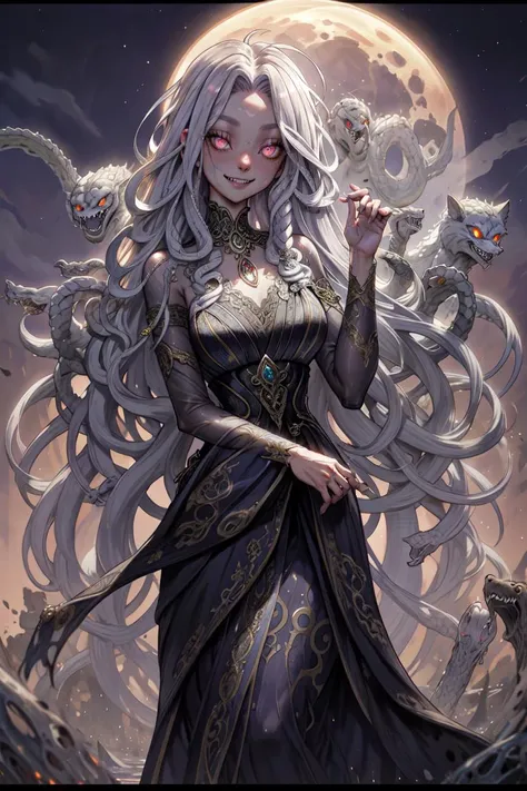 middle shot, outside, an exquisitely pretty Medusa in intricate design precious dress, ([airy snake hair|stone grey color hair], Medusa head, wet hair), slim face, clear glowing eyes, long nose, evil grin, fangs, moon light, (OverallDetail:0.23), <lora:gorgon:0.6>