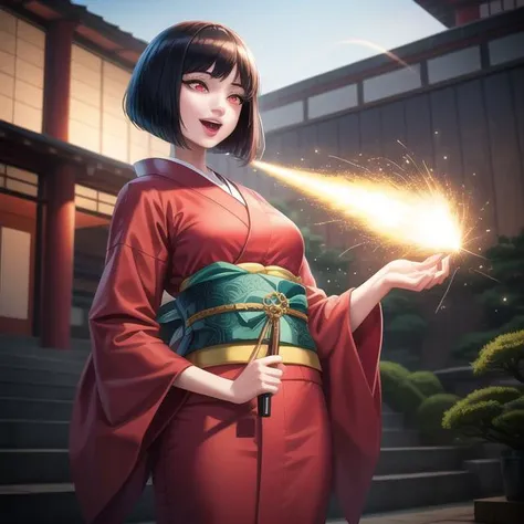 (high resolution:1.23, 32K), (photo realistic:1.4), soft lighting, sharp focus, detail skin, detail background, (((nice hand, perfect hand))), <lora:flat2:-0.46>,
dark fantasy, (standing at an extremely huge Japanese garden:1.1), closed shot,
(a cute Japanese karakuri puppet woman firing a laser from her big open mouth:1.3, a big sparkle in her mouth:1.4, sadistic smile, partially damaged and broken:1.4, showing intrinsic mechanical parts:1.3, pearl white skin color, a dark black color bob cut with bangs, wearing a dark red color based detail design kimono, long nose, glossy light pink lip, long eye lush, glowing big clear red eyes:1.1)