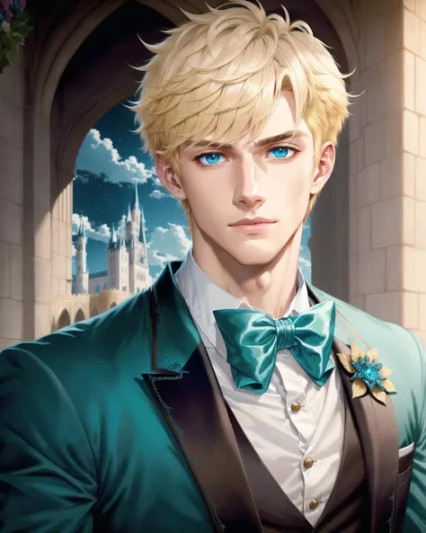 1boy, (man), manly body, anime, extremely detailed, hyper detailed, (broad shoulders), (PERFECT FACE), illustration, soft lighting, 2d, intricate, cowboy shot, detailed eyes, blonde hair, short hair, teal eyes, sexy, toned, black tuxedo, (outside), castle tower