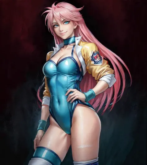 high resolution, 16K, <lora:more_details:0.4>, ready for fight, (solo shot:1.2), (cowboy shot:1.2), (<lora:OCLS_hoodie:0.8>, light yellow open zipper half sleeve OCLS with red cuffs and white hem, <lora:wrestleangels_mightyyukiko:1>, mighty yukiko, wrestling outfit, blue leotard, choker, cleavage, knee pads, lace-up knee high boots, wristband, slim waist, (navel:0.4), (fair skin:1.2), pink hair, long hair, (symmetrical eyes:1.2), clear eyes, (slim face:1.1), happy smug, Japanese girl), professional wrestling arena,