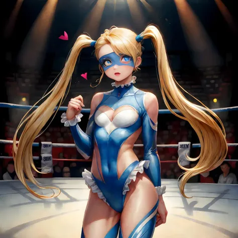 (high resolution:1.1, ray tracing:1.1, refraction:1.1), RAW photo, <lora:more_details:0.4>, (standing inside an arena), solo shot, (cowboy shot:1.1), (<lora:rainbow mikaV1:0.8>, rainbow mika, (blue eyes:1.2), symmetrical clear eyes, hair pulled back, shiny blonde hair, very long hair, eyes mask, twintails, frilled leotard, heart shaped cleaverage, small heart mark on each breast, boots, slim waist, (fair skin:1.1) , (slim face:1.1), cute Japanese girl), professional wrestling arena,