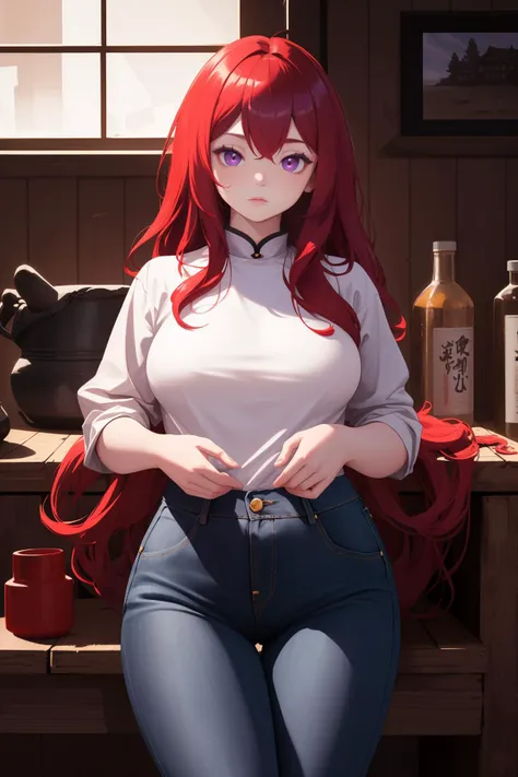 (high quality, best quality, highres, masterpiece:1.2), (digital age china, chinese:1), (1girl, woman, fear_kubricck:1.1), (respectful lumberjack, wearing denim pants and flanel shirt:1), (purple_eyes:1), (red_hair, very_long_hair, wavy_hair:1), (buff body:1), (above surreal smithy:1.1),