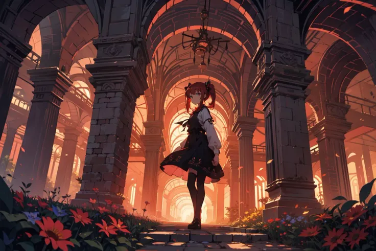 wide shot, scenery, fantasy, abstract, depth of field, 1girl, short twintails, expressionless, deep red hair, flower, lights <lora:midjourney_20230624181825:0.3> <lora:nijijourneyV51:0.5>