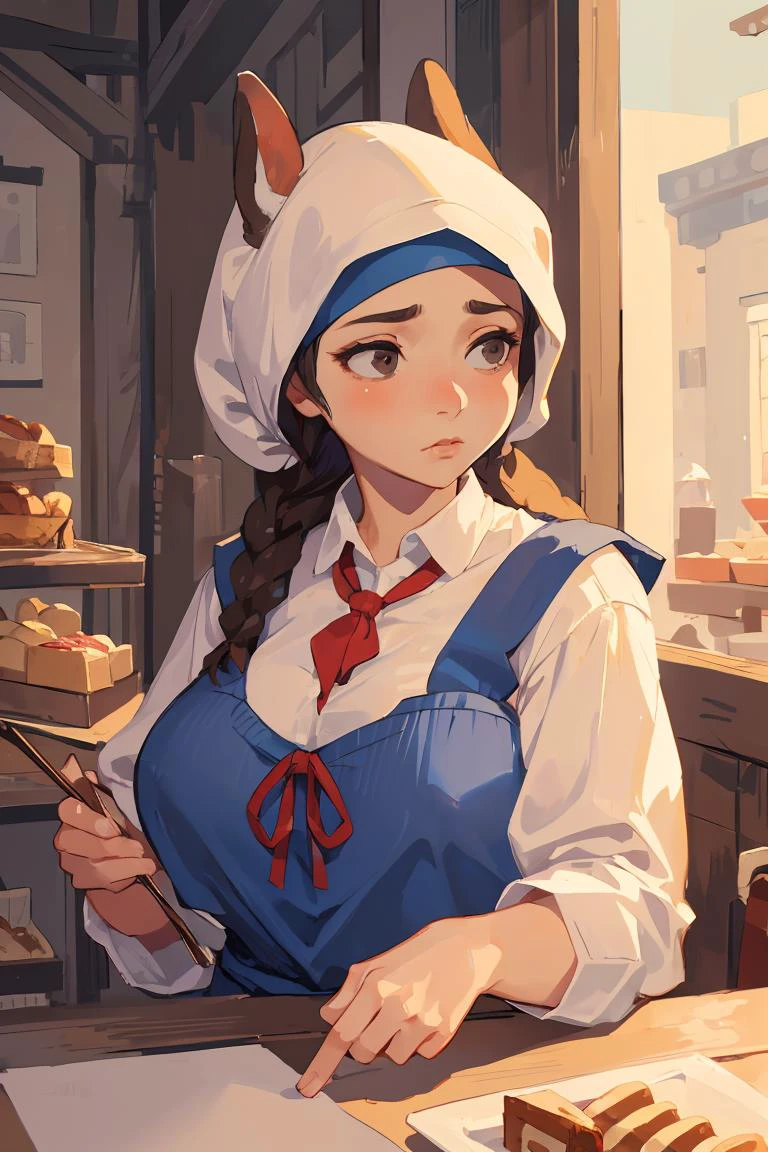 (masterpiece, best quality), female fifty-something, plump, inuit, light brown eyes, large ears, crooked nose, soft jaw, long face shape, , blue milkmaid braid hair, confusion wearing hipster, ribbon-tie halter top, hijab,, partially unbuttoned shirt, wearing a partially unbuttoned shirt, revealing a hint of skin and adding a touch of seduction, intimate lighting, focused lighting on the characters' faces, highlighting their emotions and connection, a charming bakery, with mouth-watering pastries and the sound of friendly chatter