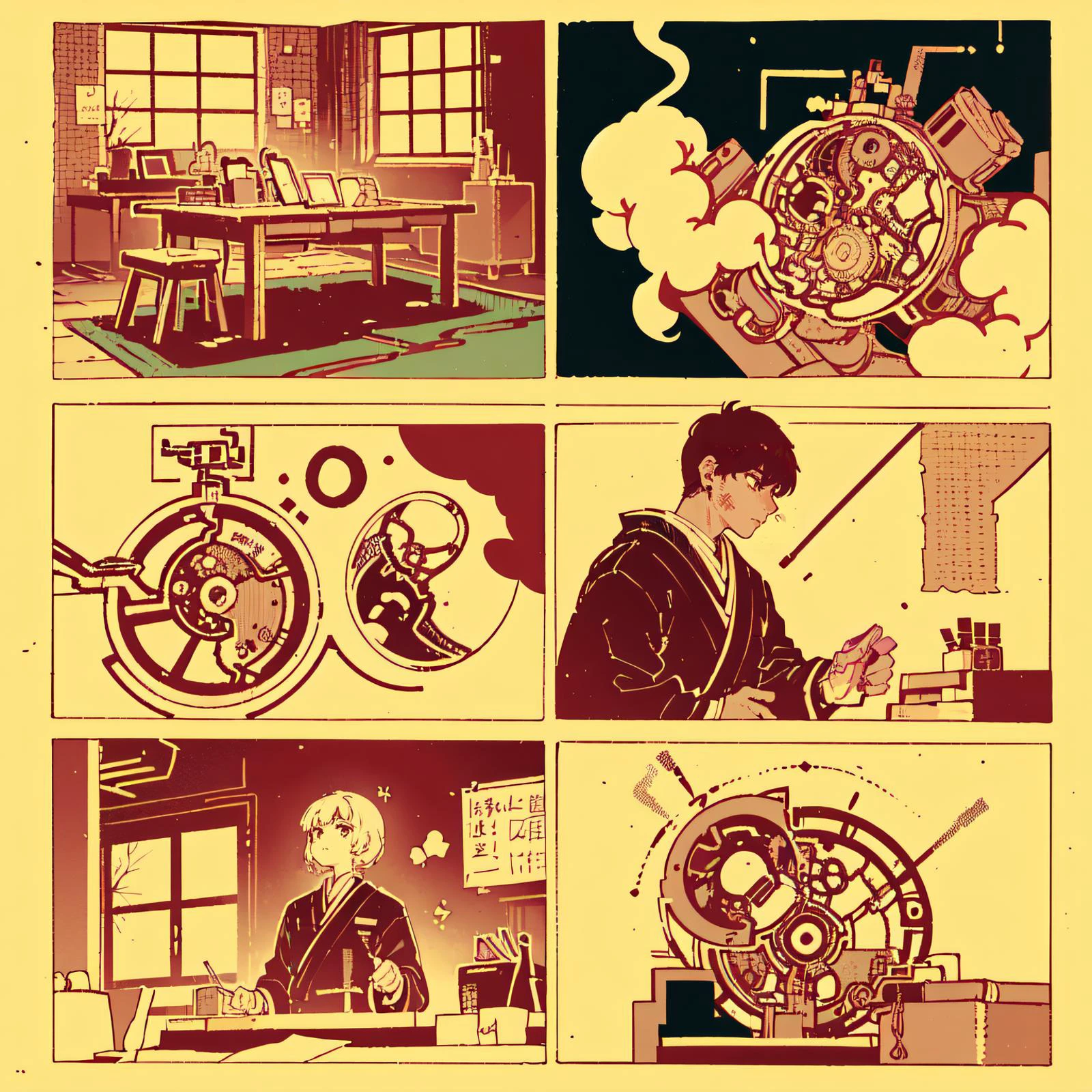 (best quality, masterpiece:1.1), close up, looking up, (1female), envious face, golden hair, medium hair, curly hair, undercut, <lora:kimonoClothes_v10:0.85>, short yukata, (sleeveless), ( bedroom, desk, messy japanese room, monitors, window, (japan, japanese culture)), ((fantasy, steampunk, analog meter, brass mechanical parts, intricate machines, brass, exhaust emissions:1.2), )<lora:jbs2:1.2>, contest, illustration, comic, halftone
