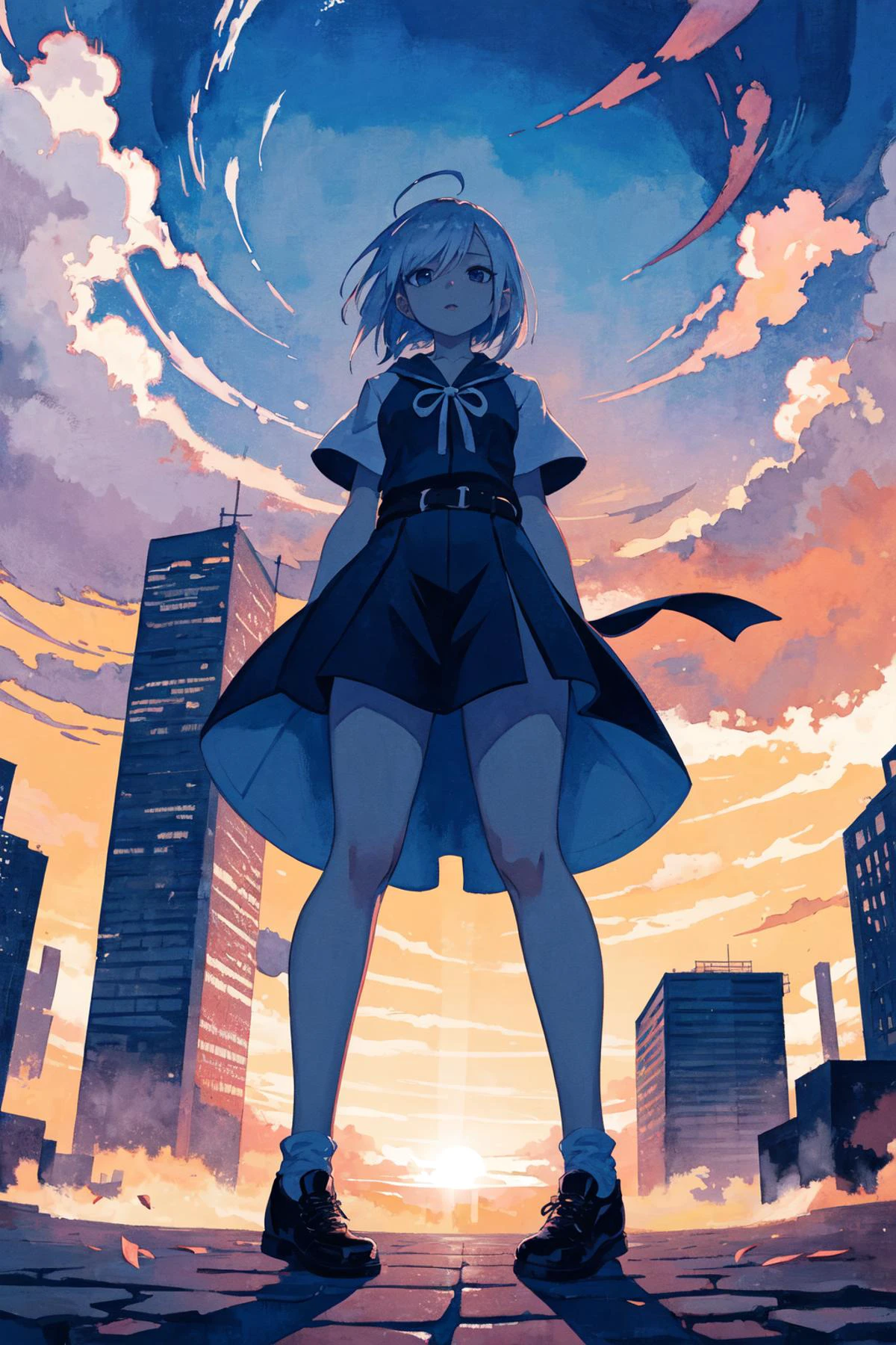 masterpiece, best quality, high contrast, sharp focus, 1girl, (tele angle, from below), wideshot, esoteric, manga panel, ink, sharp, kingdom hearts style, dusk sky, buildings, highly detailed sharp focus, watercolored, (clear sky:0.1), shoes, looking at viewer