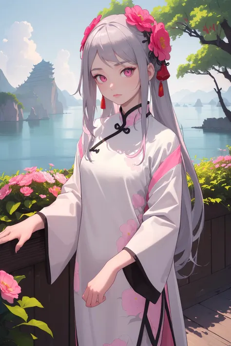 (high quality, best quality, highres, masterpiece:1.2), (modern age china, chinese:1), (1girl, woman, bored face:1.1), (practical florist, wearing cute outfit, flowers:1), (pink_eyes:1), (grey_hair, long_hair, spiked_hair:1), (slender body:1), (exiting breathtaking island:1.1),