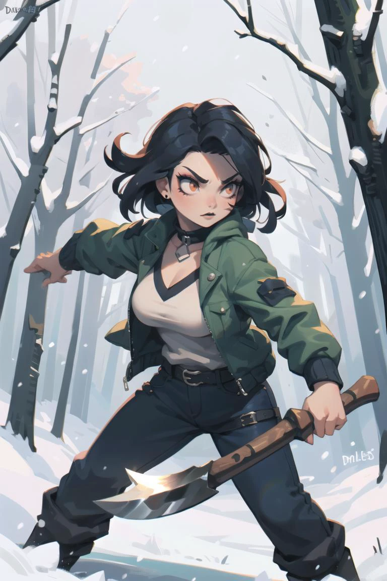 (axe, (holding axe), battling position, dynamic pose), warrior, mature, medium hair, goth girl with goth makeup, (freakles), lovely medium small breasts, (Oversized jacket), (winter clothes), snowing, winter forest, <lora:aki:0.45>, <lora:3DMM_V10:0.45>, 3DMM