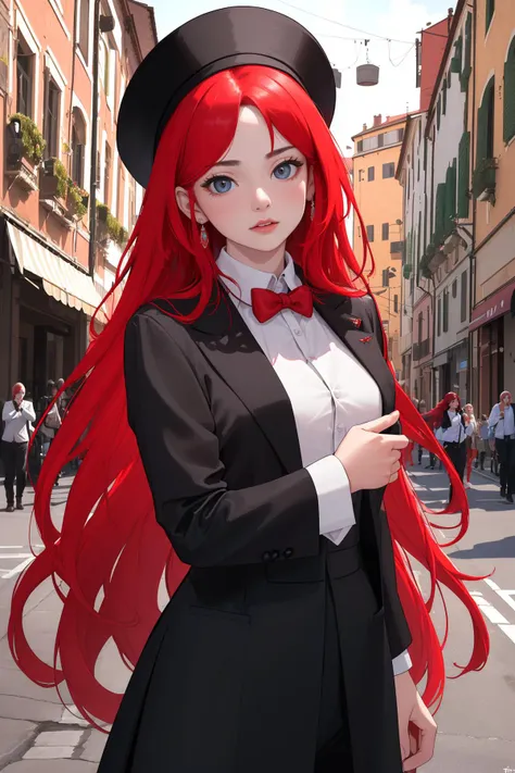 (high quality, best quality, highres, masterpiece:1.2), (digital age italy, italian:1), (1girl, woman, naughty_face:1.1), (inspiring sect leader, wearing formal wear:1), (wide-eyed:1), (red_hair, long_hair, flipped_hair:1), (healthy body:1), (underneath urban town:1.1),