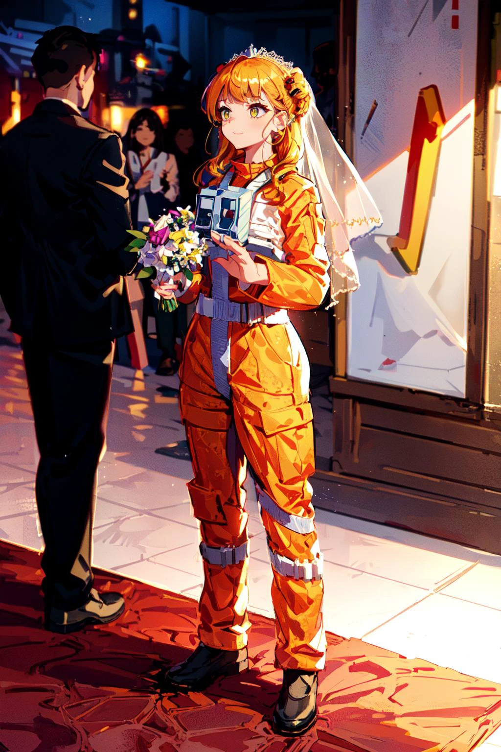 (best quality, masterpiece:1.1), (Intricate detailed:1.2), ((full body, dynamic angle, 1girl, easygoing face, yellow hair, asymmetrical bangs, wavy hair, cornrows, quin tails, intricate hair ornaments, in orange (rebel pilot suit:1.2) BREAK ( (Wedding ceremony), ceremony, marriage, flowers) in the background, ):0.8)<lora:RPSV3:0.8>