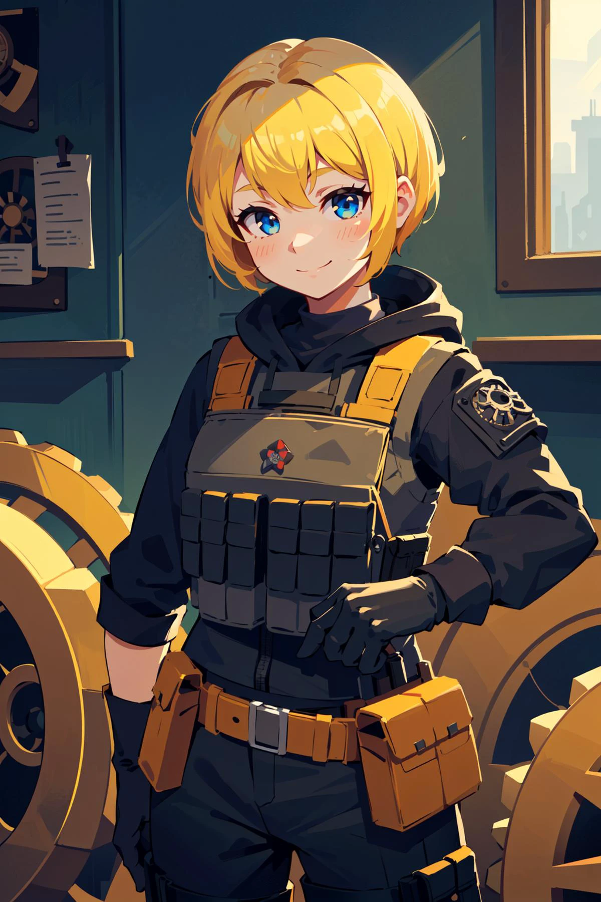 (best quality, masterpiece), upper body, (1girl), happy face, yellow hair, absurdly short hair, pointy hair, pixie cut, (bulletproof vest, bullet pouch on top of the bulletproof vest, combat pants), hoodie, wearing boots, holster on the thigh, black gloves, ( cogwheel room, (excessvie cogwheels)),