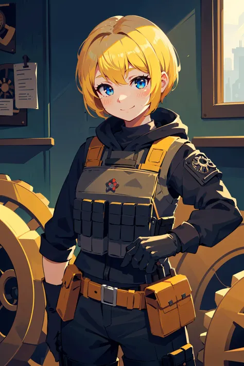 (best quality, masterpiece),   upper body,     (1girl), happy face, yellow hair, absurdly short hair, pointy hair, pixie cut,        (bulletproof vest, bullet pouch on top of the bulletproof vest, combat pants), hoodie, wearing boots, holster on the thigh, black gloves, ( cogwheel room, (excessvie cogwheels)),