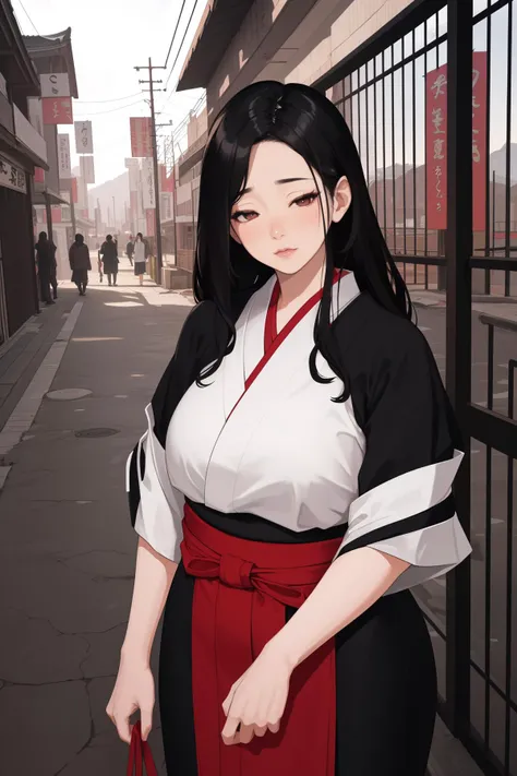 (high quality, best quality, highres, masterpiece:1.2), (old japan, japanese:1), (1girl, woman, sleepy face:1.1), (passionate servant, wearing servant clothing:1), (shading_eyes:1), (black_hair, long_hair, spiked_hair:1), (curvy body:1), (above urban gate to underworld:1.1),