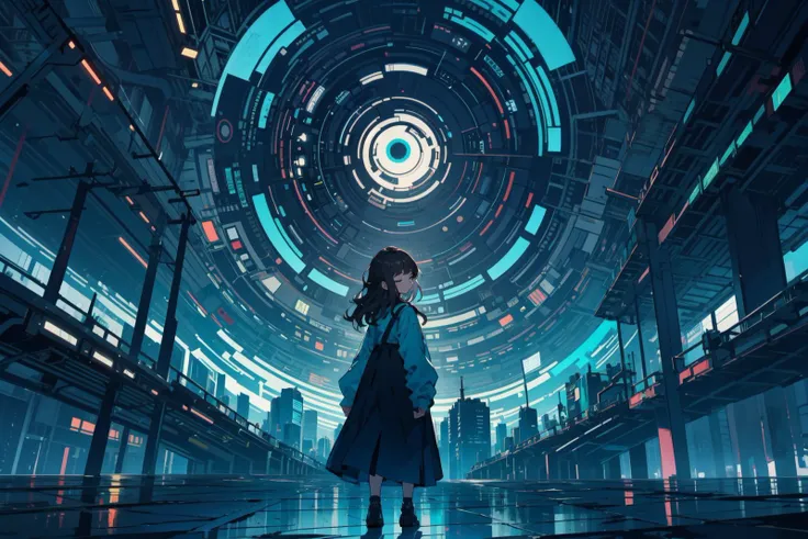 very wide shot, scenery, abstract, digital dissolve, from behind, 1girl, dark brown hair, wavy hair, teal eyes, asymmetrical bangs, one eye closed <lora:midjourney_20230624181825:0.3> <lora:nijijourneyV51:0.5>