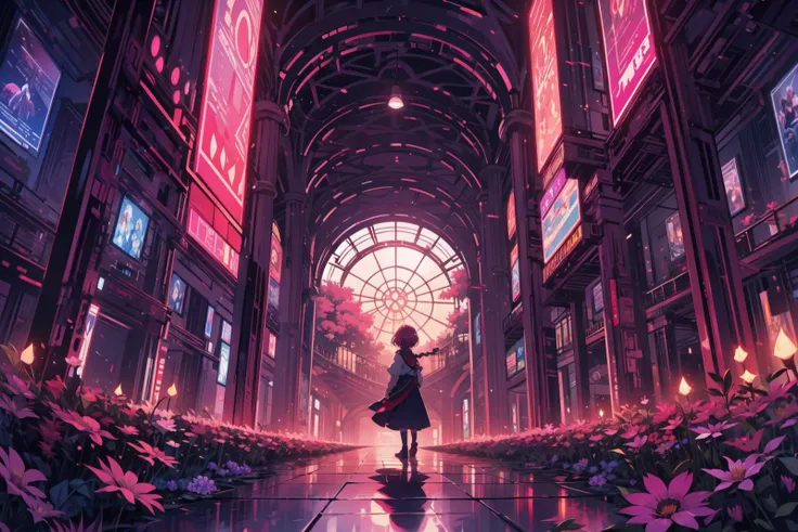 very wide shot, scenery, fantasy, abstract, depth of field, from behind, 1girl, single braid, magenta hair, flower, lights <lora:midjourney_20230624181825:0.3> <lora:nijijourneyV51:0.5>